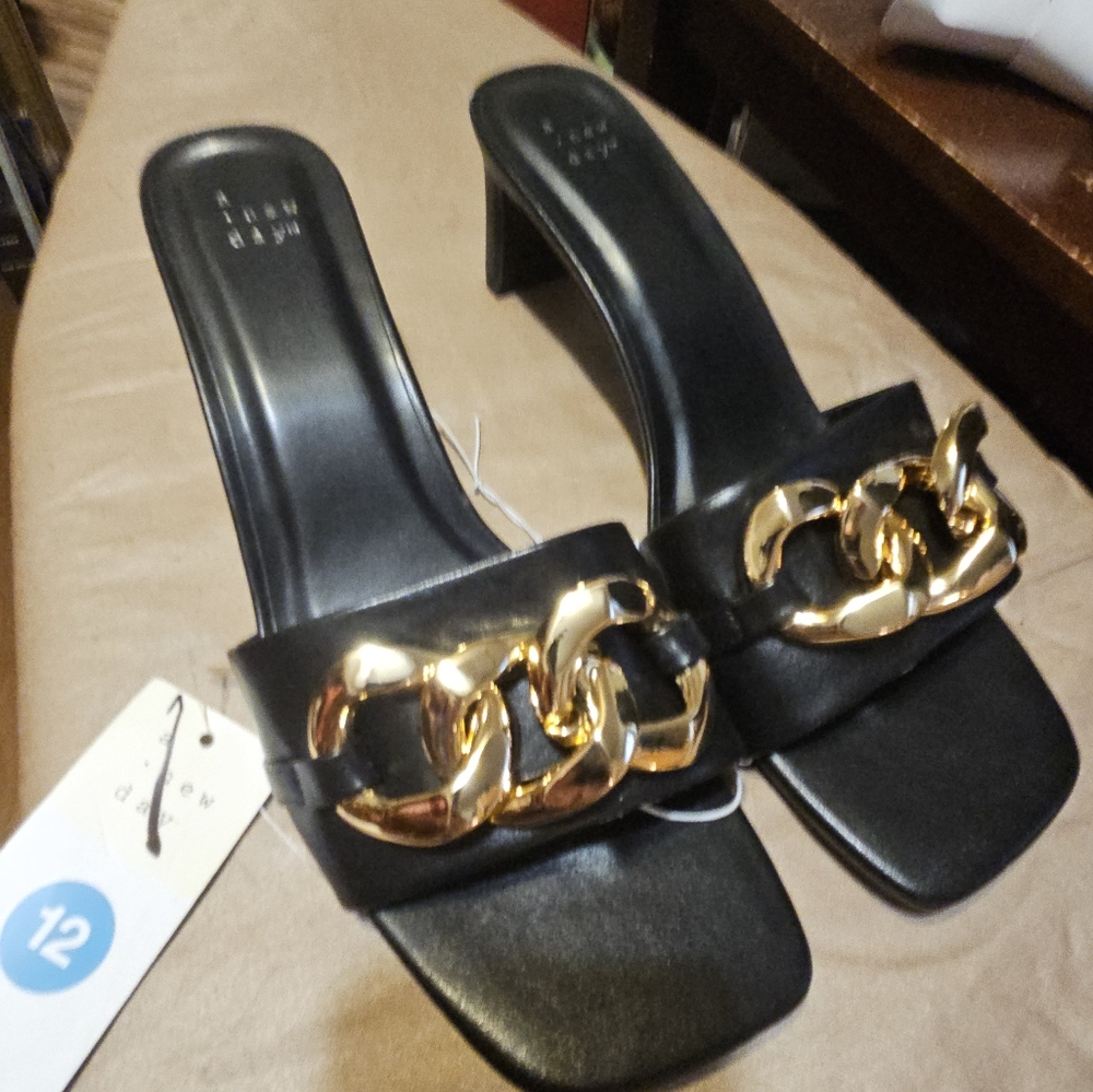 A New Day Women's Margo Mule Heels in Black - Size 12, gold chain detail